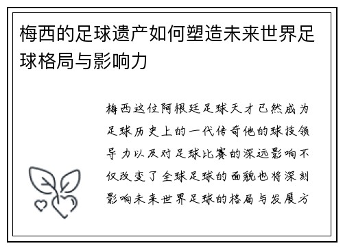 梅西的足球遗产如何塑造未来世界足球格局与影响力 梅西的足球遗产如何塑造未来世界足球格局与影响力