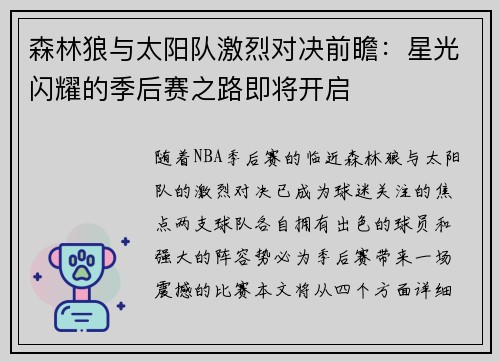 森林狼与太阳队激烈对决前瞻：星光闪耀的季后赛之路即将开启