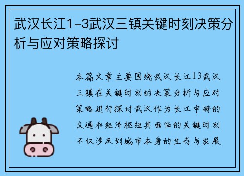 武汉长江1-3武汉三镇关键时刻决策分析与应对策略探讨