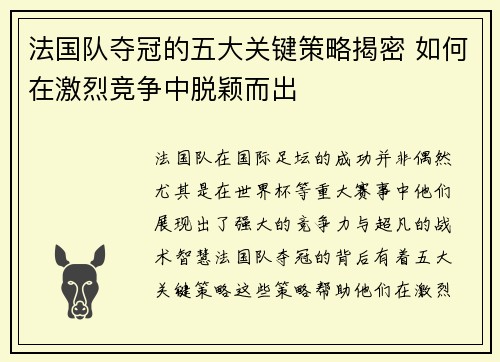 法国队夺冠的五大关键策略揭密 如何在激烈竞争中脱颖而出 法国队夺冠的五大关键策略揭密 如何在激烈竞争中脱颖而出