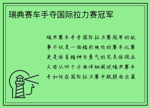 瑞典赛车手夺国际拉力赛冠军