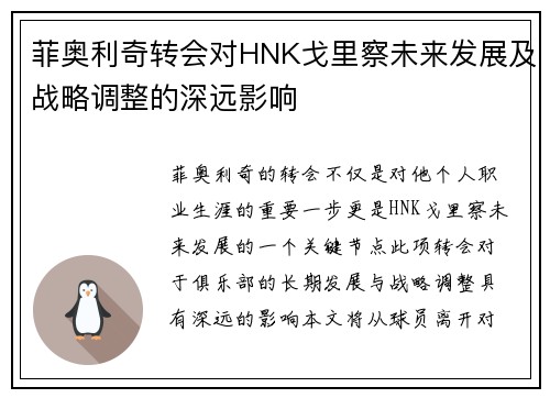 菲奥利奇转会对HNK戈里察未来发展及战略调整的深远影响